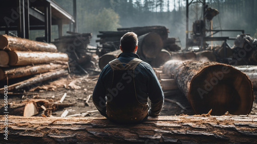a man sits on a thick log in a sawmill. back view. ai generative photo