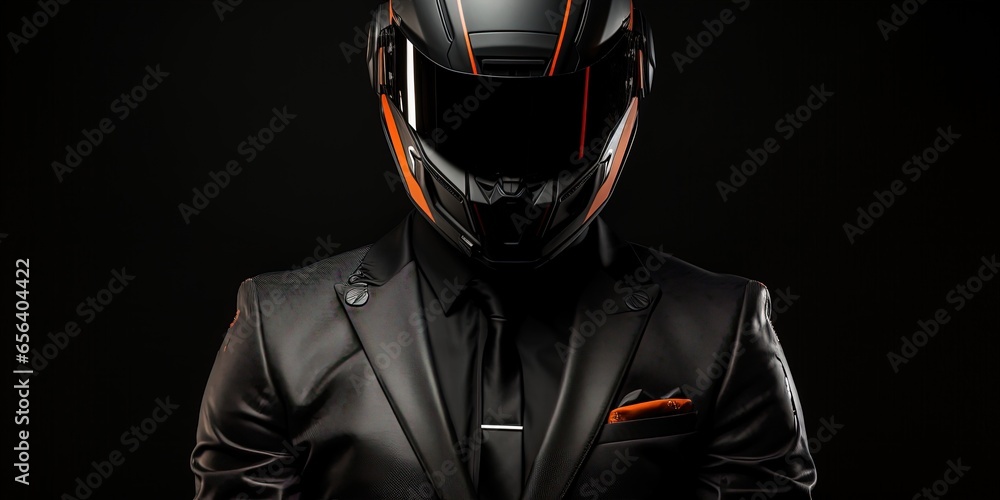 Biker in suit and helmet on the dark background.
