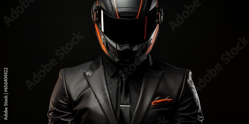 Biker in suit and helmet on the dark background. © Coosh448