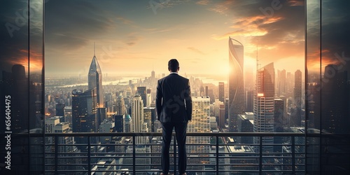 Businessman on office building balcony looking city skyline with skyscrapers