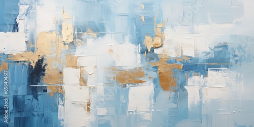 Closeup of abstract rough blue white gold art painting texture, with oil brushstroke, pallet knife paint on canvas