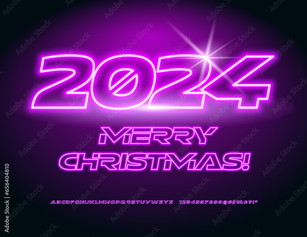 Vector creative Greeting Card Merry Christmas 2024! Glowing Pink Font