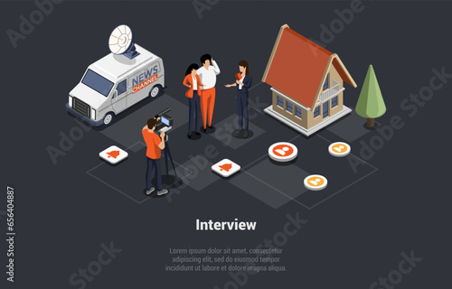 Interview, Broadcasting, Communication And Brief News Concept. Woman Journalist Interviews Well-Known Media Personality Next To House And News Channel Van. Isometric 3d Cartoon Vector Illustration