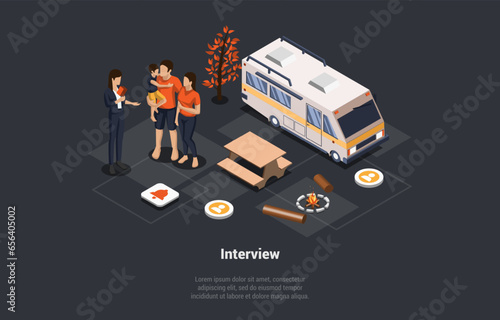 Interview, Broadcasting, Communication And Brief News Concept. Woman Journalist Interviews Well-Known Media Personality About Vacations Next To The RV And Fireplace. Isometric 3d Vector Illustration