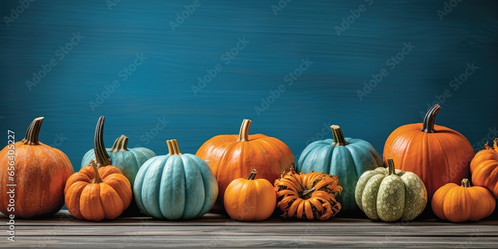 Happy fall halloween autumn holiday thanksgiving banner greeting card - Pumpkins on rustic wooden table with blue wall background Happy fall halloween autumn holiday thanksgiving banner greeting card - Pumpkins on rustic wooden table with blue wall background