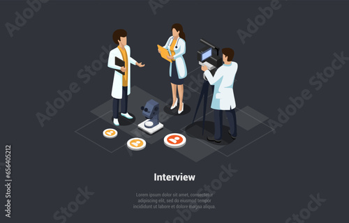 Interview, Broadcasting, Communication And Brief News. Woman Journalist And Cameraman Interviews Scientists or Doctors Near Microscope About New Research or Medicine. Isometric 3d Vector Illustration