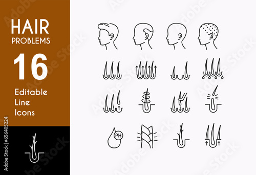 Hair problems related editable stroke outline icons set isolated on white background flat vector illustration.