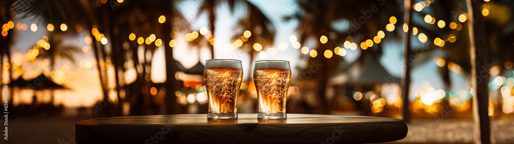 A couple of glasses of ice-cold beer on top of a wooden table with a festive tropical beach and palm trees adorned with string lights in the background.