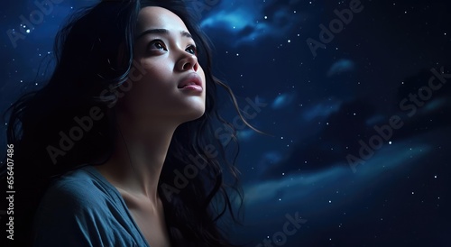 Beautiful woman looking at the night starry sky