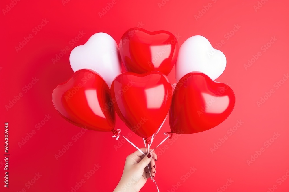 close-up of a hand holding balloons in the shape of a heart isolated on red background, Valentine's Day concept