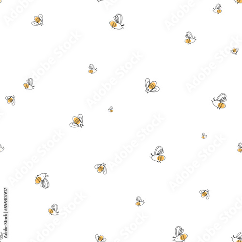 Hand drawn honey bee seamless pattern. Continuous line drawing style, white background.