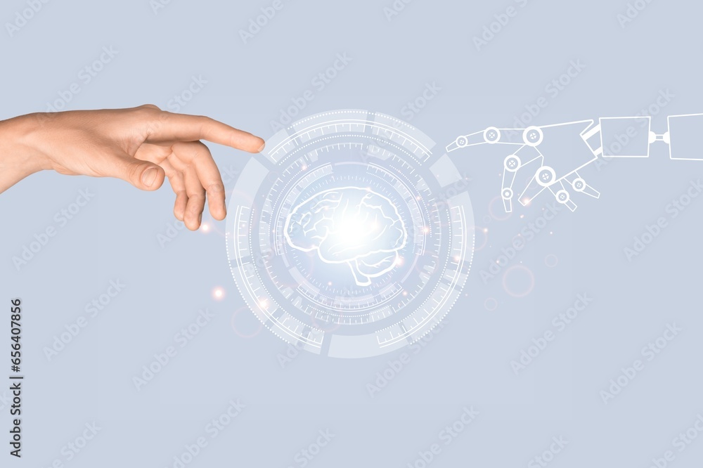 Obraz premium Human fingers with icon of robot fingers, ai concept