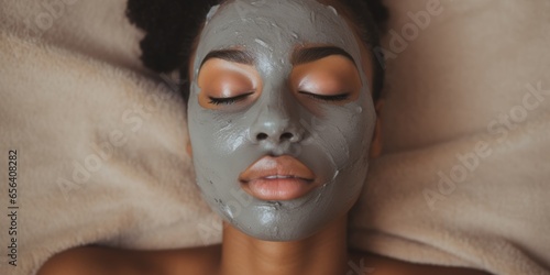 Woman with clay beauty mask smiling. Clay beauty mask. photo