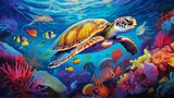 A turtle among colorful corals and colorful fish and sea animals in the ocean