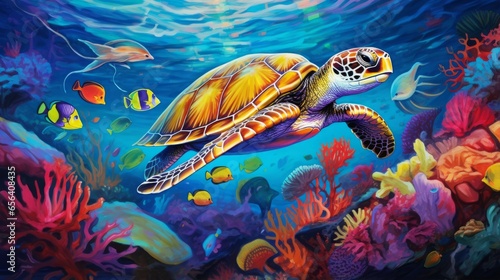 A turtle among colorful corals and colorful fish and sea animals in the ocean
