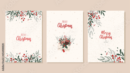 Set of Christmas cards with decorations of Christmas trees, branches with red berries. Vector