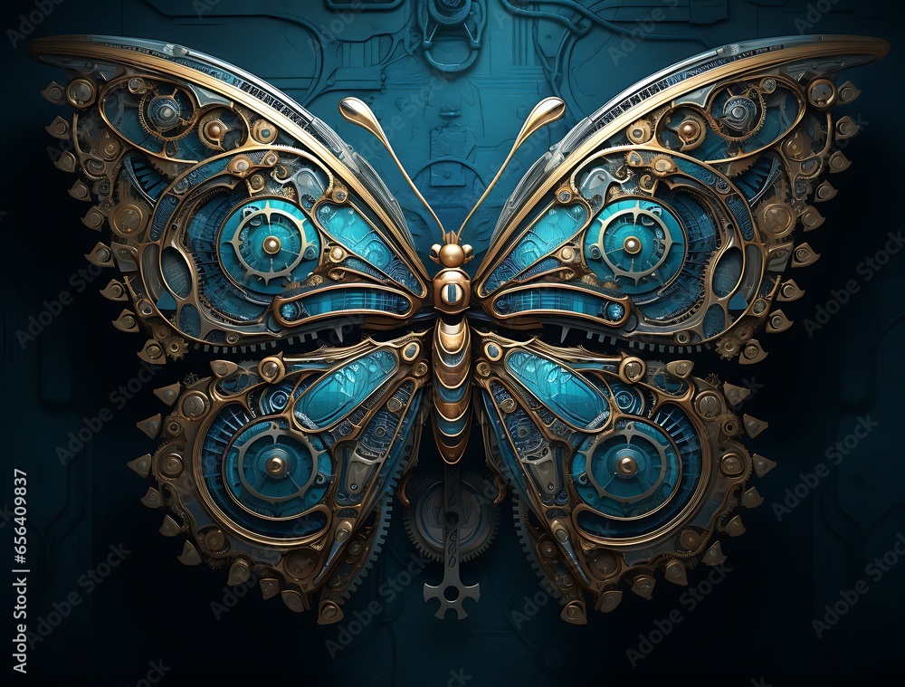 Butterfly with gears on a dark background. 3D rendering