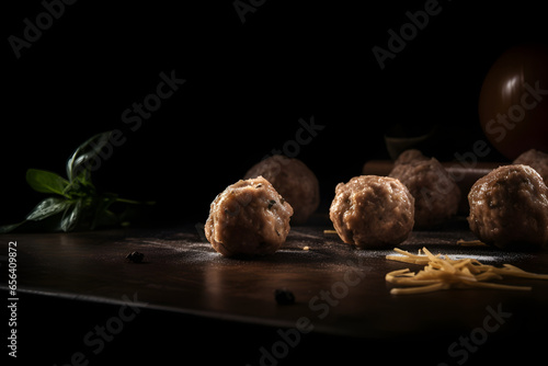 Meatballs on a wooden cutting board on a black background, food photography, product presentation, product display, banner background