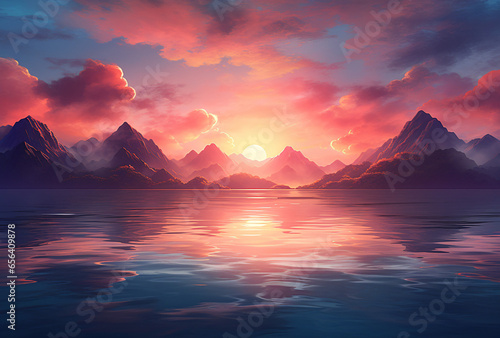 Tranquil Sunrise over Water and Mountains