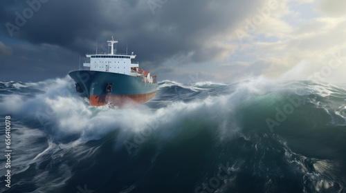 Cargo ship navigating through stormy seas, with towering waves under a dramatic blue sky in the vast ocean.