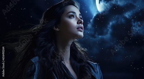 Beautiful woman looking at the night starry sky