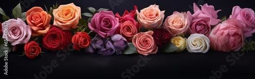 closeup view of various kinds of roses .dark natural background and flat layout.