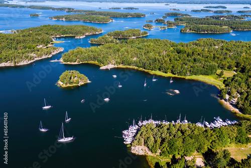 Spectacular drone view of the Swedish archipelago landscape, yachts and islands, Stockholm, Sweden