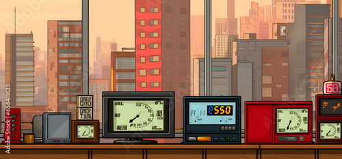 several clocks in a display case with a city background