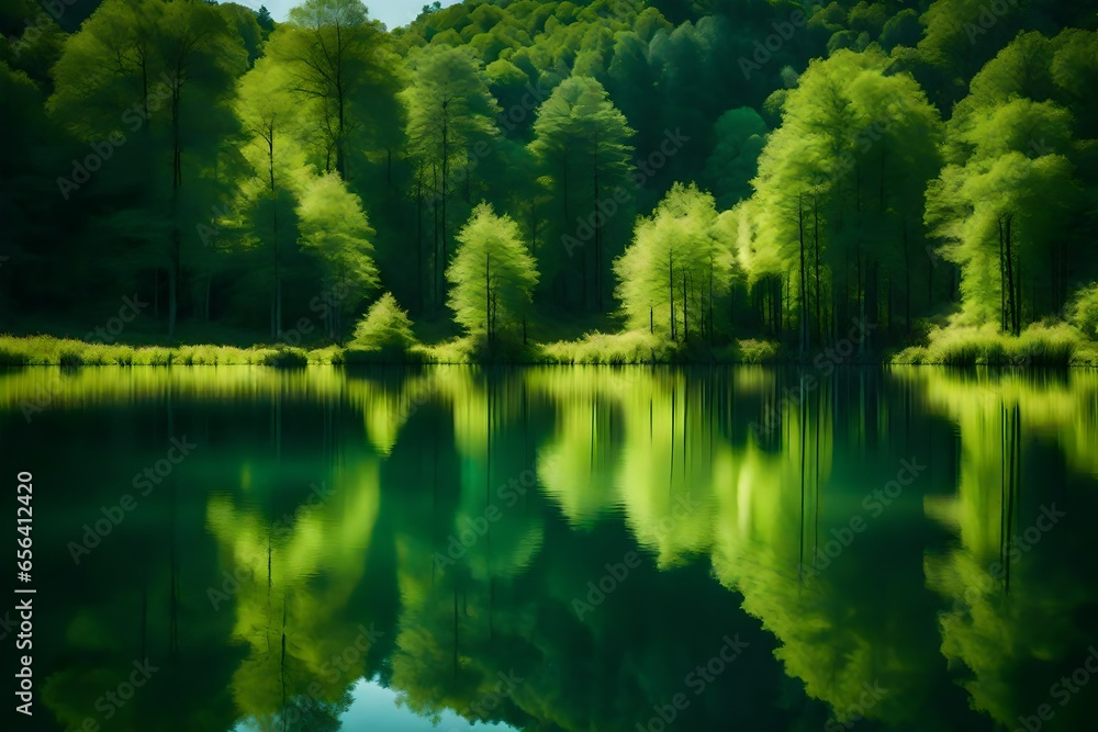 A serene lake surrounded by lush green forests reflecting in the calm water.  Ultra-high quality image.