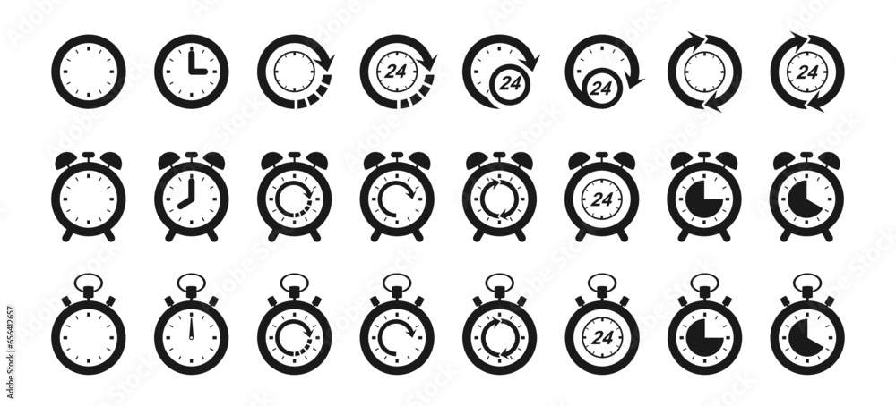 time icon set or clock icon set. black color time management. timer, speed, alarm, stopwatch timer, recovery. vector icons isolated on white background. time icon set or clock icon set. black color time management. timer, speed, alarm, stopwatch timer, recovery. vector icons isolated on white background.