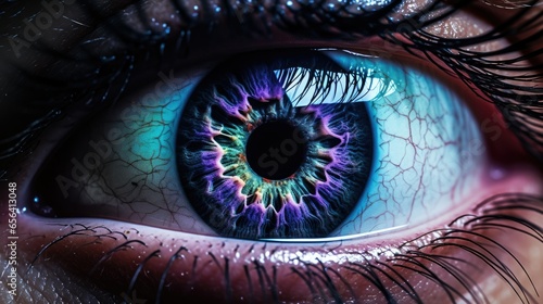 Close-up of a person's eye reflecting vibrant city lights. Dark colors and detailed iris