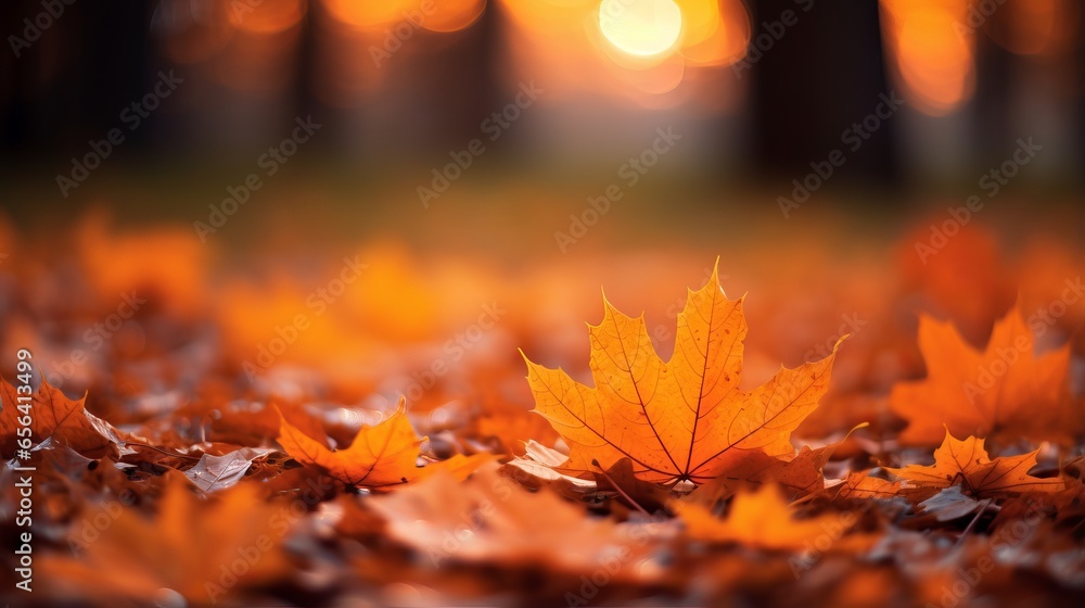 Fall foliage on the ground with bokeh effect