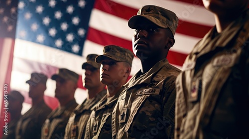 Soldiers in disciplined formation, standing with patriotic uniforms. Bright, even lighting highlights their colors. Canon camera and lens capture the flag backdrop