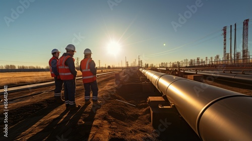 Group of engineers in hardhats and safety gear inspecting oil pipeline under sunlight. Long shadows on ground. Industrial construction site with professionals working on energy infrastructure project