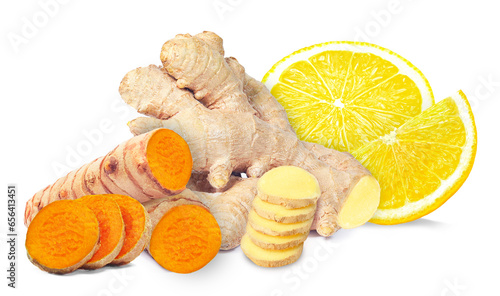 Ginger, turmeric and lemon isolated on white background