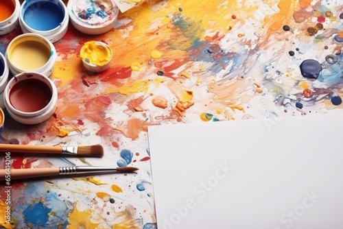 Blank sheet for drawing with paints and brushes on a colorful background. Art