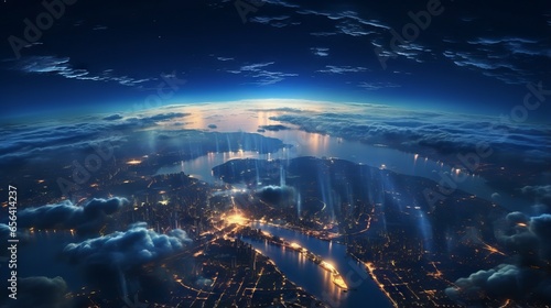 Planet earth from space  a panoramic view of the glowing city lights and light clouds on the globe