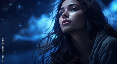 Beautiful woman looking at the night starry sky