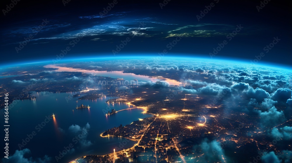 Obraz premium Planet earth from space: a panoramic view of the glowing city lights and light clouds on the globe