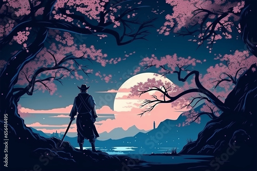 anime style illustration  a samurai under a cherry blossom tree