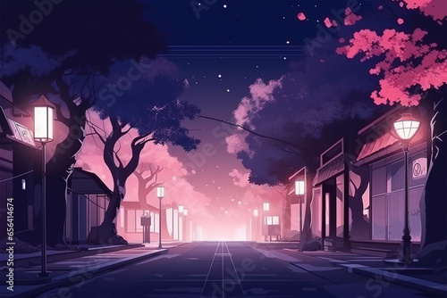 view of a city street decorated with cherry blossoms at night