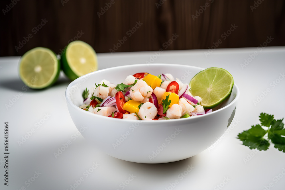 Seafood ceviche with lime and radish on a white background, Peruvian seafood and fish sebiche
