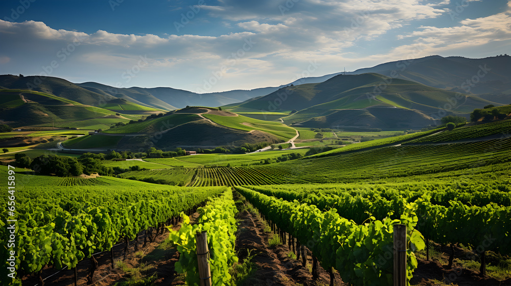 Fototapeta premium Lush Vineyard Rows Ready for Harvest