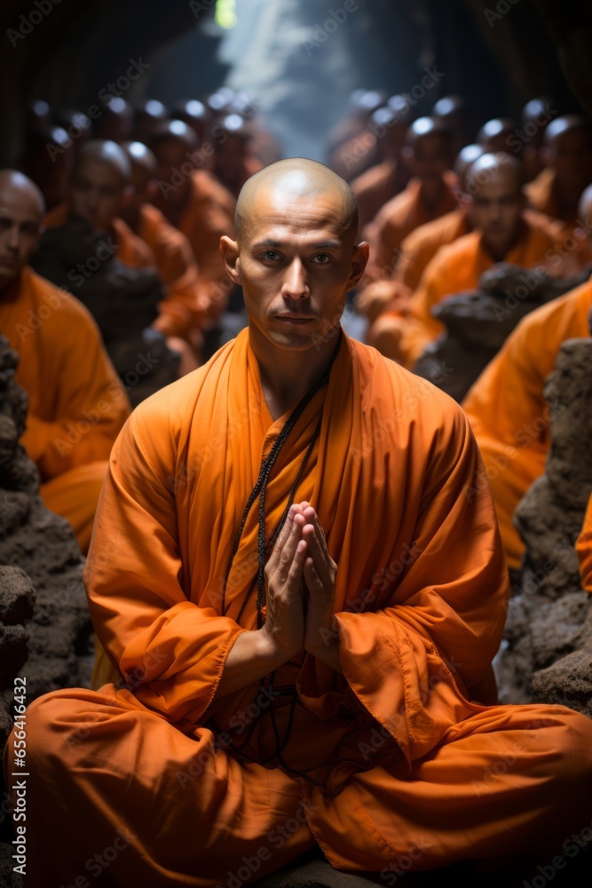 Obraz premium Shaolin disciples in deep meditation, capturing their inner focus and serenity, Generative AI