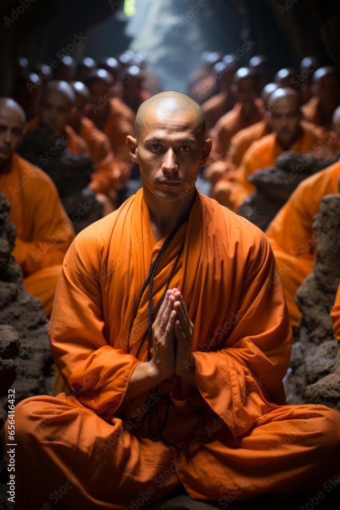 Shaolin disciples in deep meditation, capturing their inner focus and serenity, Generative AI