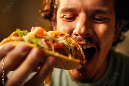 Close up photo of man eating tasty fast food with warm sun lighting on background