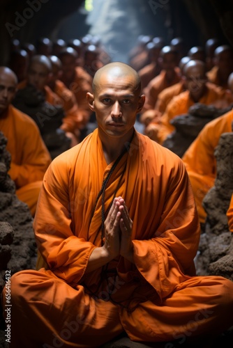 Shaolin disciples in deep meditation, capturing their inner focus and serenity, Generative AI