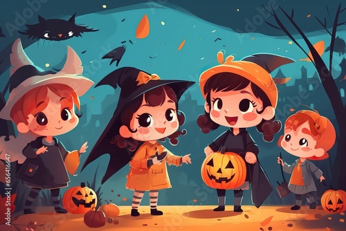Children in Halloween costumes party vector illustration