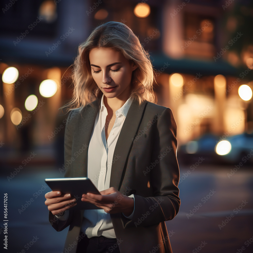 Fototapeta premium Portrait of young businesswoman using tablet in city at night.