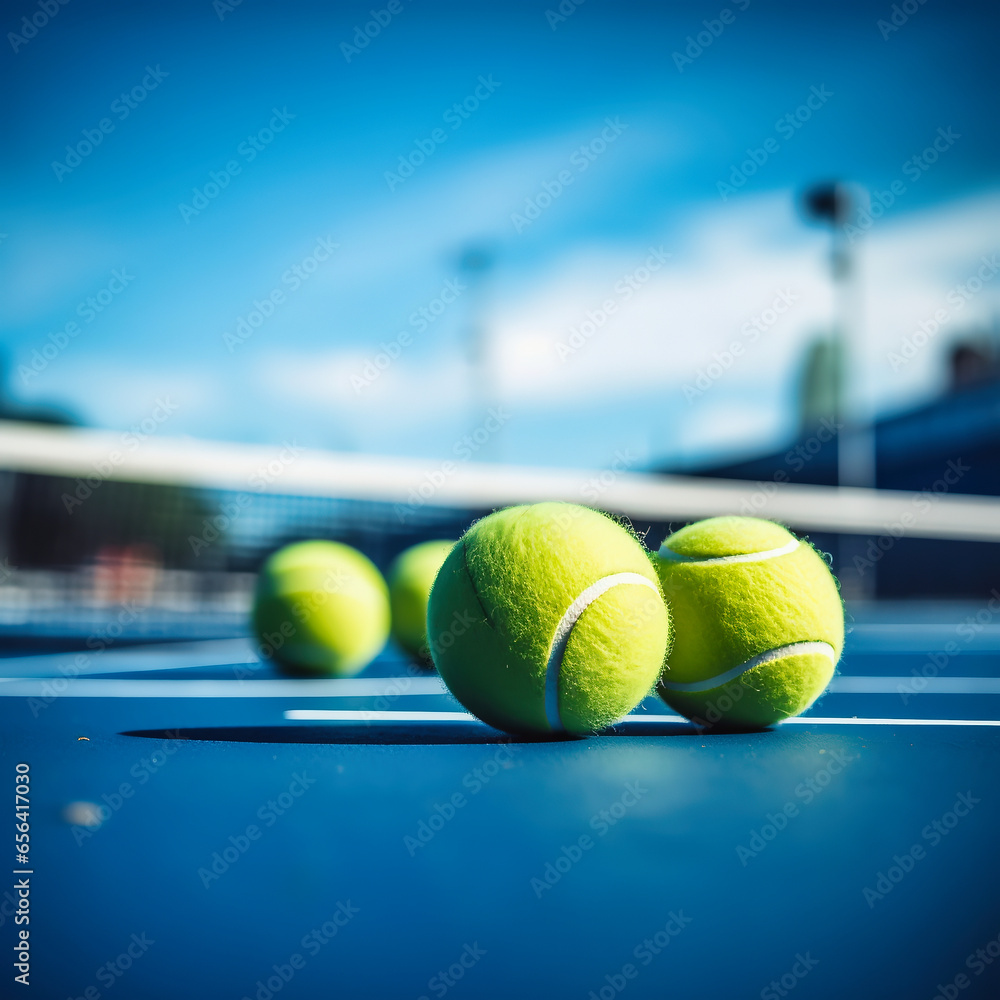 Tennis balls on the tennis court with copy space. Selective focus.